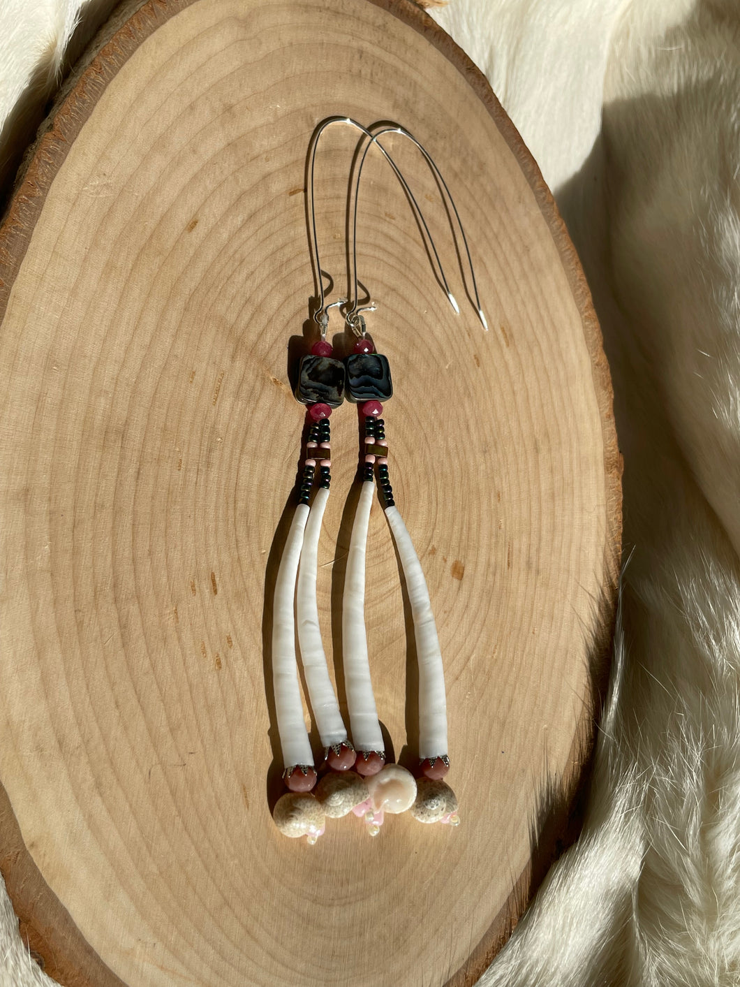 Abalone and Dentalium Earrings (pink)