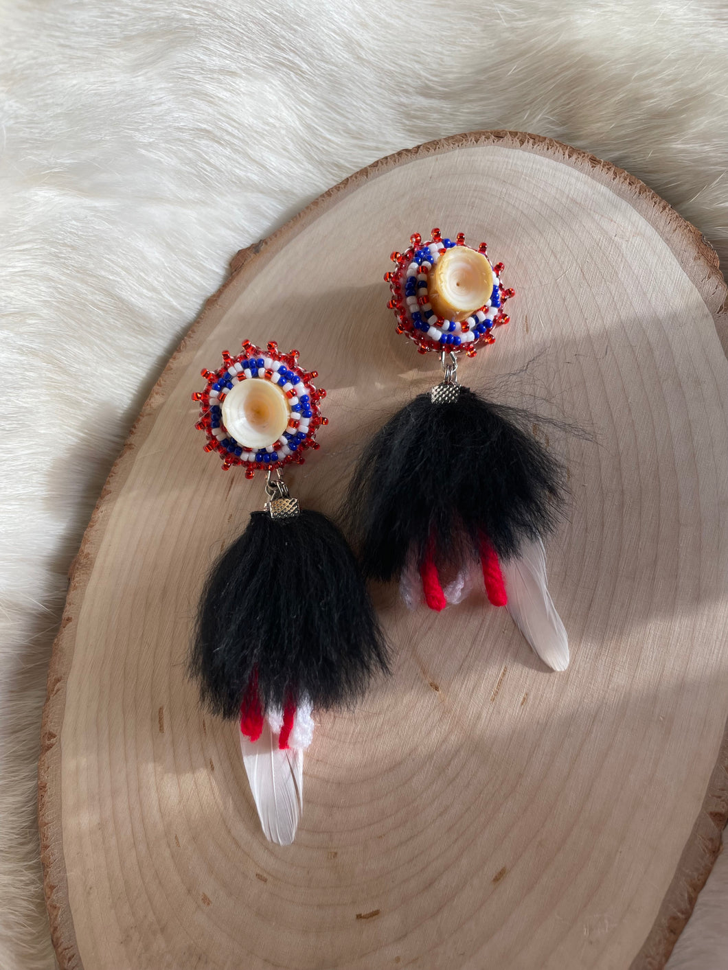 Salmon Bone, Dyed Fox Fur, and Ptarmigan Feather Studs Backed with Home Tanned Salmon Skin