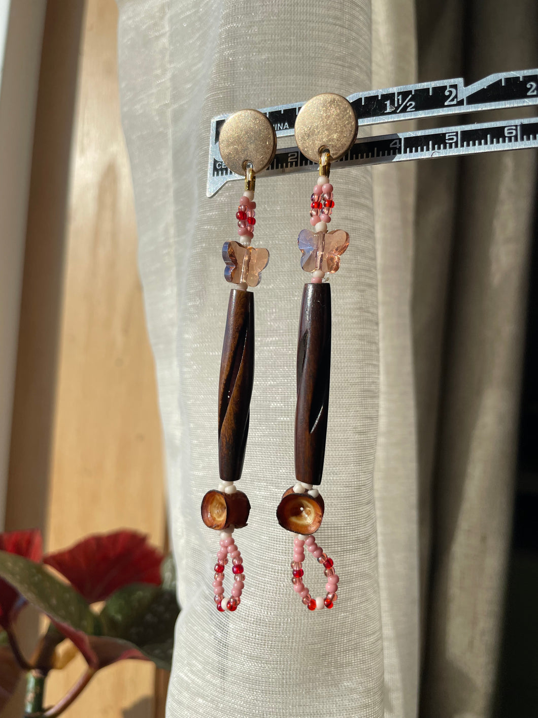 Coffee Dyed Salmon Bone, Bone Bead, and Butterfly Crystal Earrings