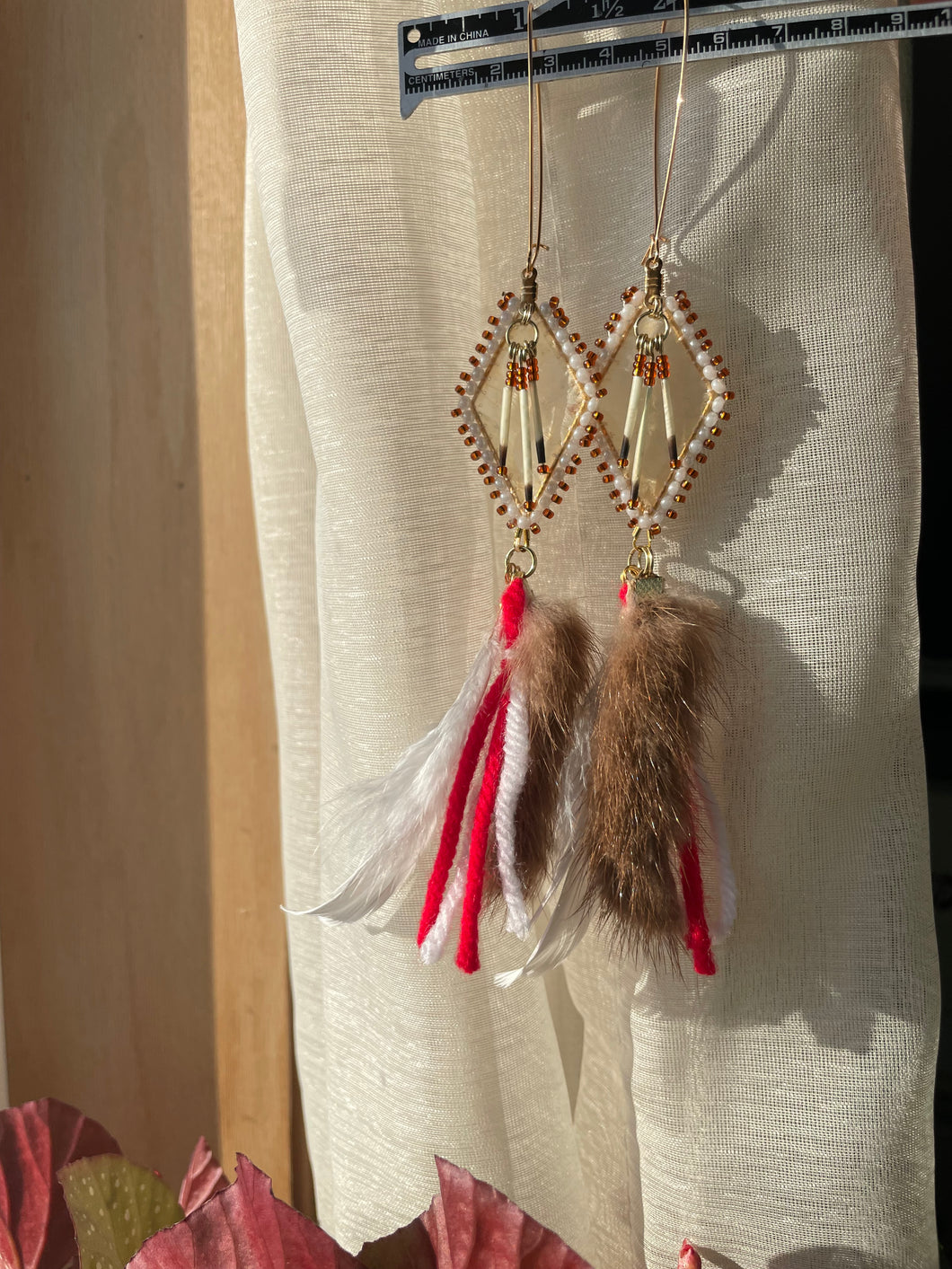 Seal Gut, Mink, Porcupine Quill, Ptarmigan Feather Piluuguq Earrings bronze