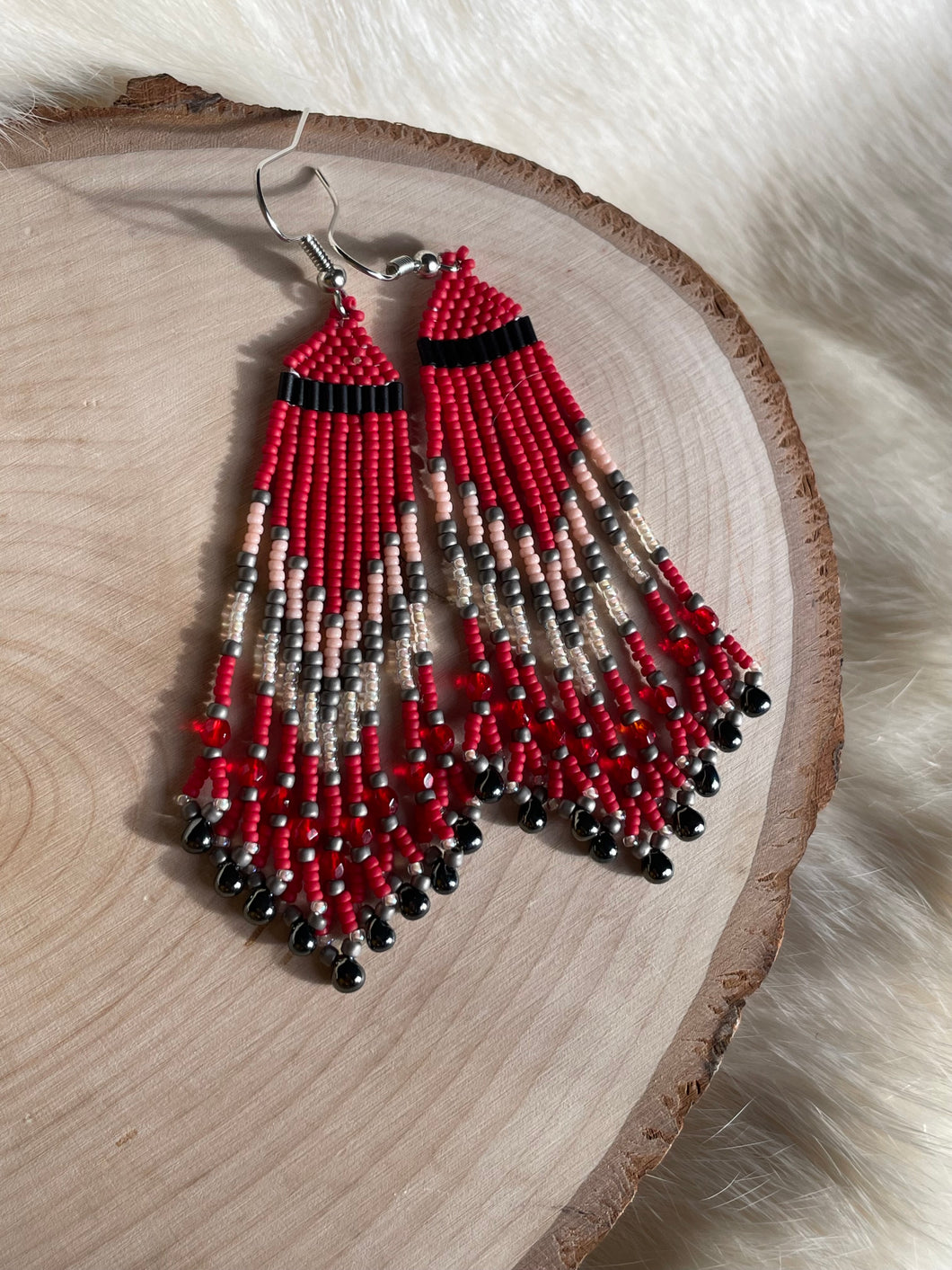 Red Textured Fringe Earrings (made with size 15 beads)